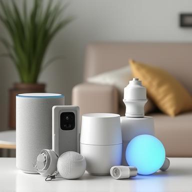 Image of various smart home devices including a speaker, lights, and camera